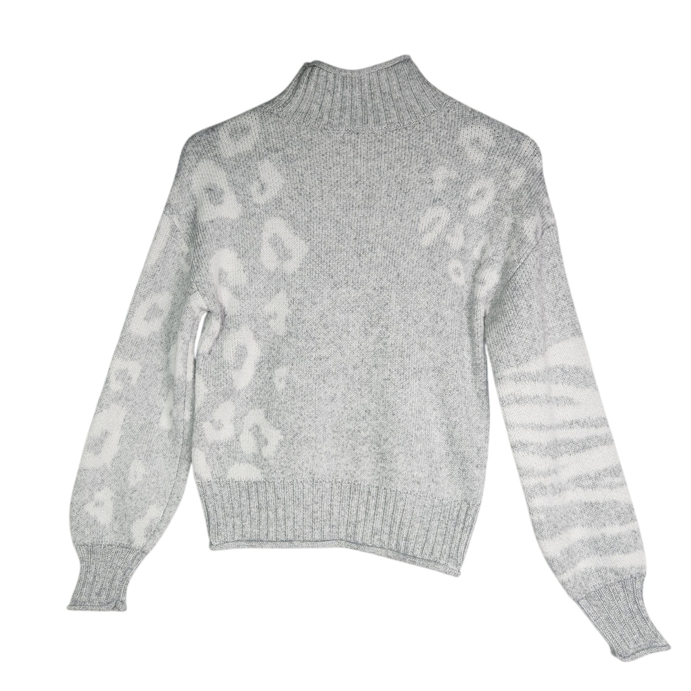 Nine West Women's XS Gray White Mixed Animal Print Mock Neck Leopard Sweater - Picture 6 of 11